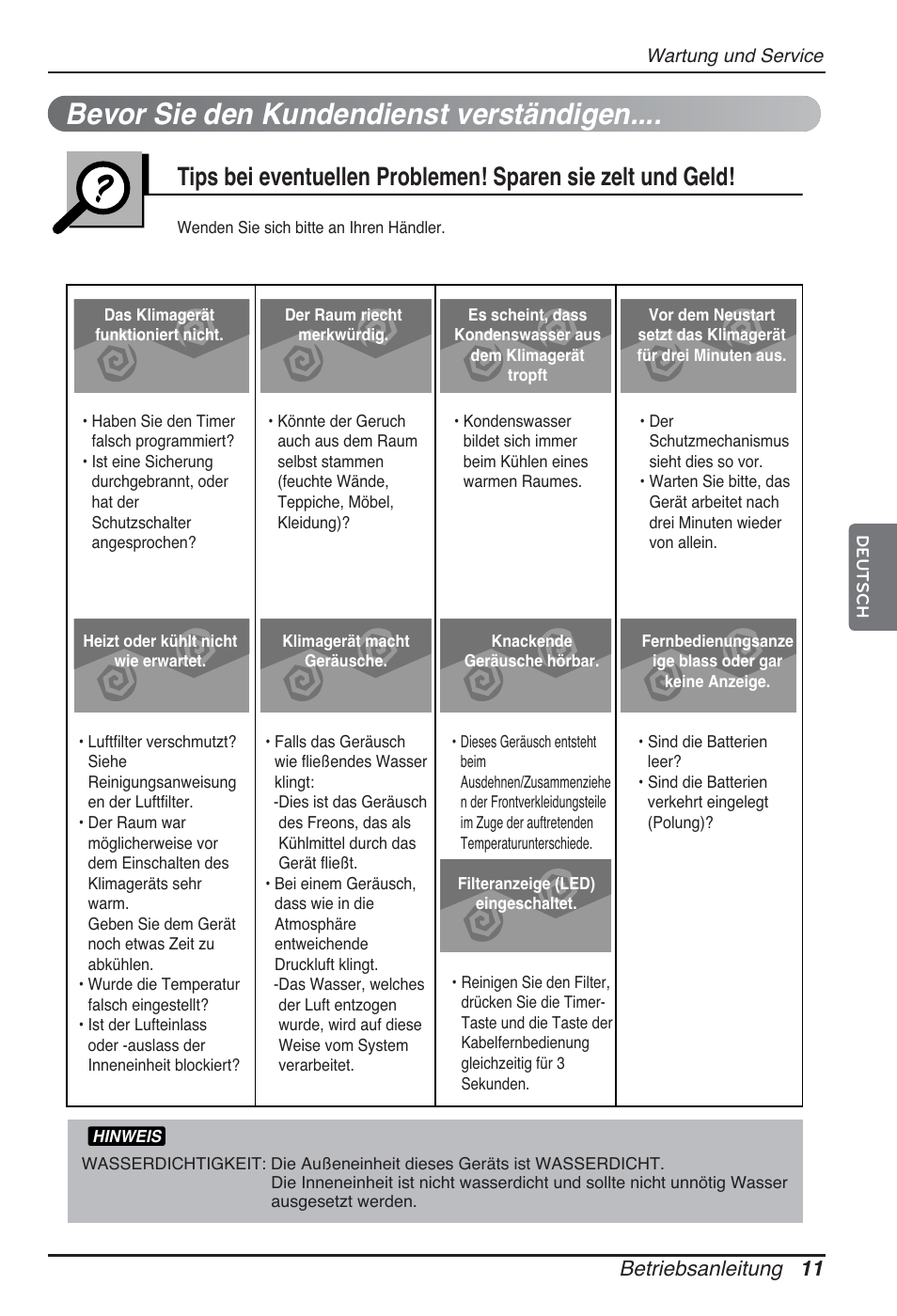 Bevor sie den kundendienst verständigen, Betriebsanleitung 11 | LG ARNU96GB8A2 User Manual | Page 59 / 229