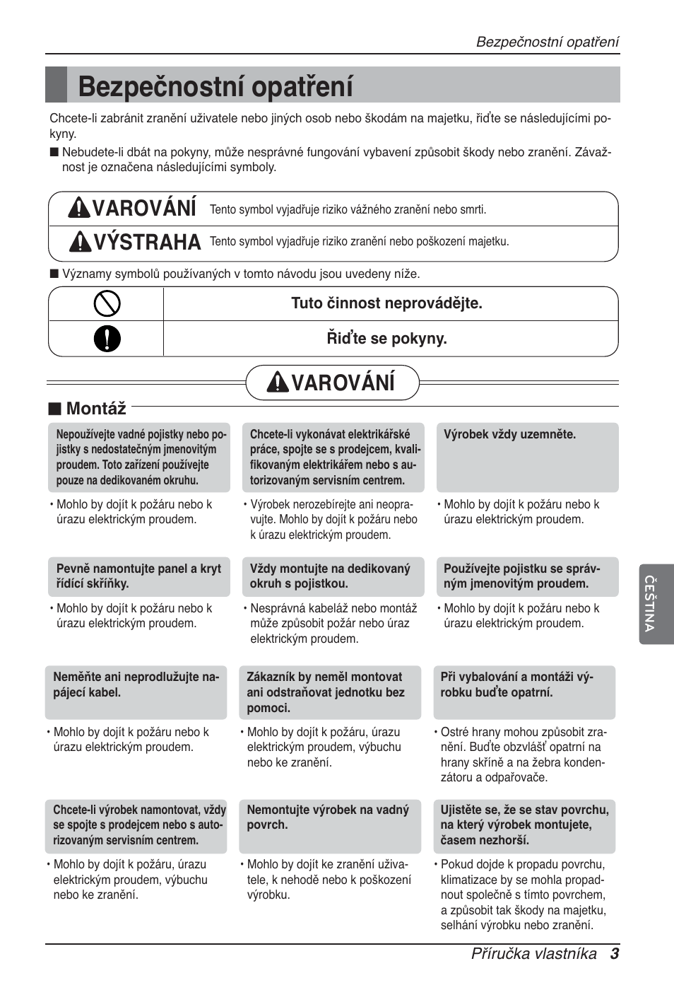 Bezpečnostní opatření, Varování výstraha, Varování | Montáž | LG ARNU96GB8A2 User Manual | Page 75 / 229