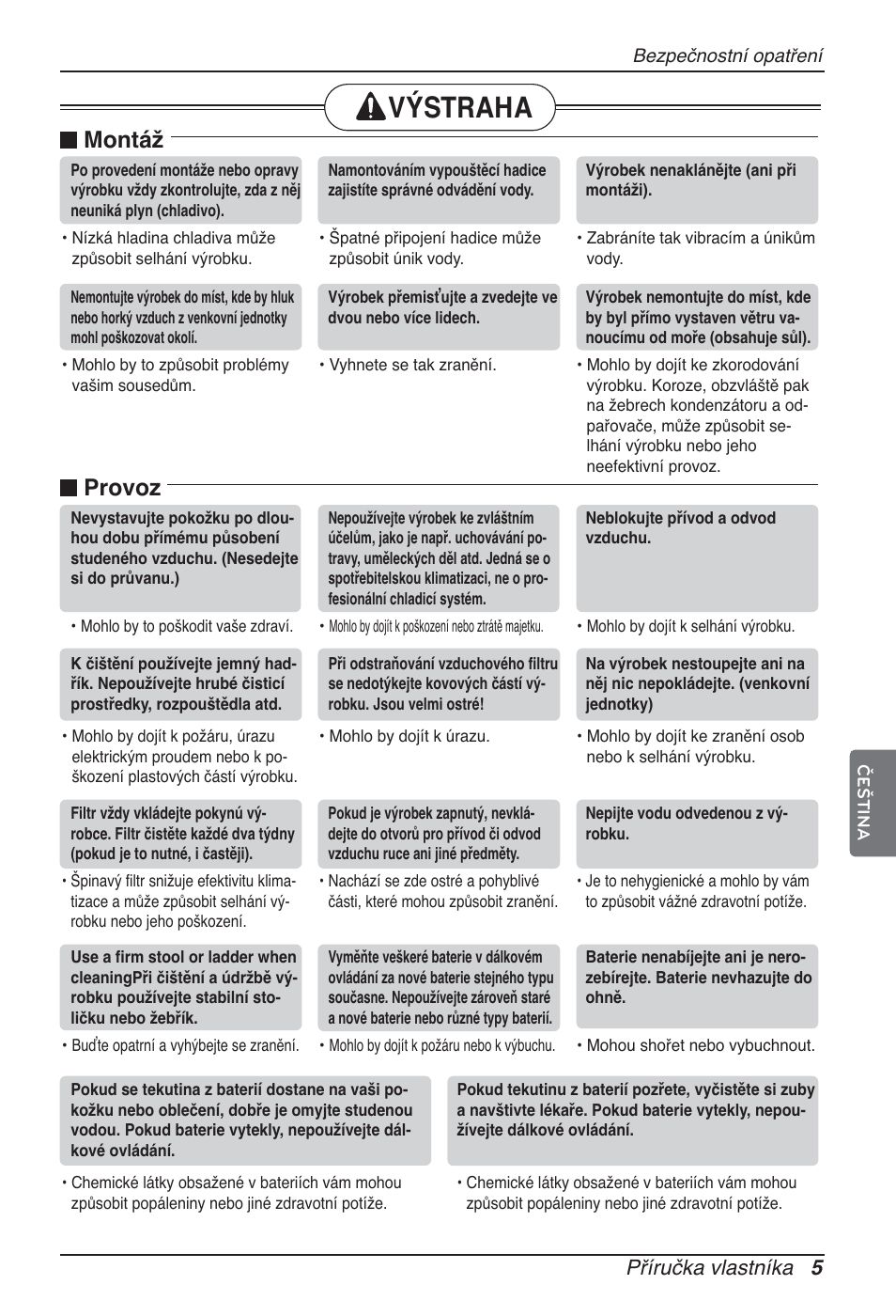 Výstraha, Montáž, Provoz | Příručka vlastníka 5 | LG ARNU96GB8A2 User Manual | Page 77 / 229