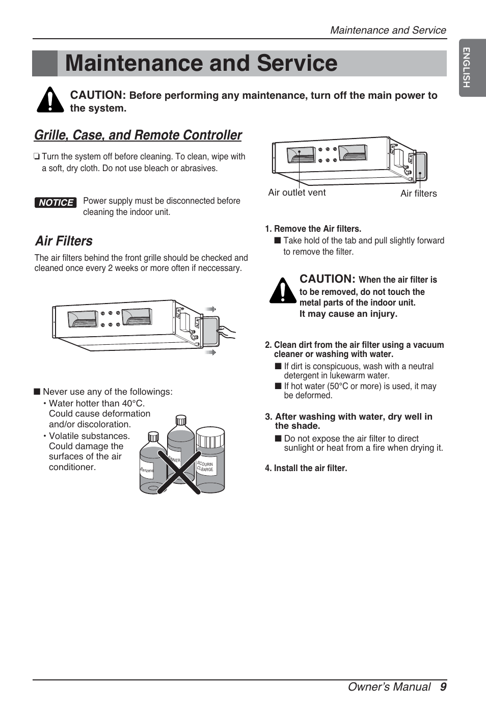 Maintenance and service, Grille, case, and remote controller, Air filters | Owner’s manual 9, Caution | LG ARNU96GB8A2 User Manual | Page 9 / 229