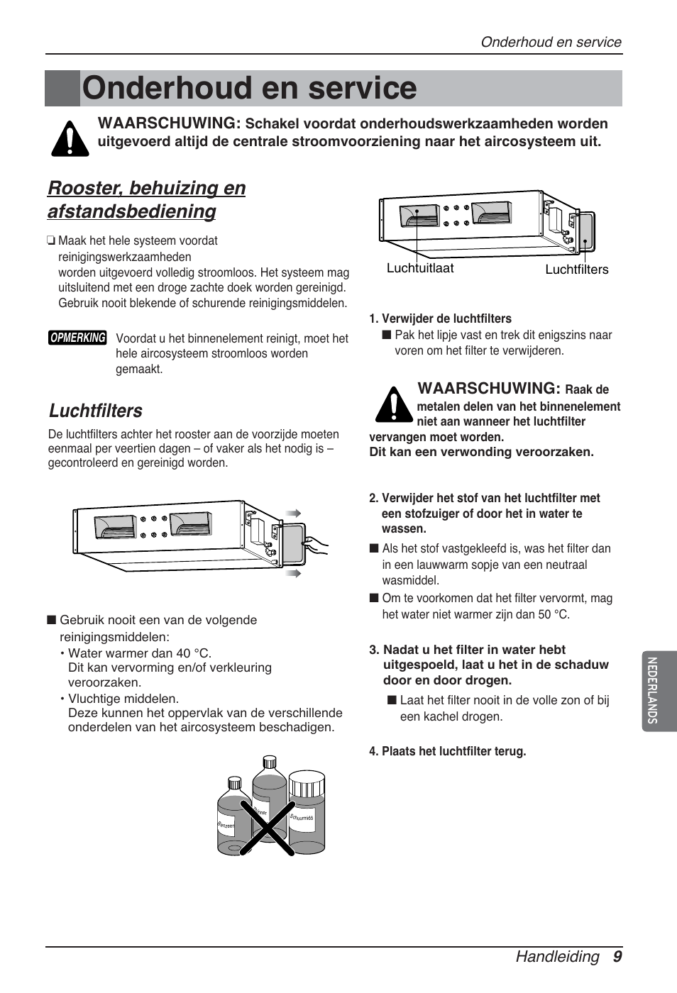 Onderhoud en service, Rooster, behuizing en afstandsbediening, Luchtfilters | Handleiding 9, Waarschuwing | LG ARNU96GB8A2 User Manual | Page 93 / 229