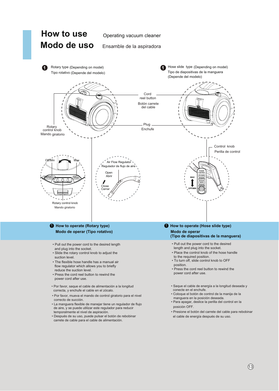 How to use, Modo de uso, Operating vacuum cleaner | Ensamble de la aspiradora | LG VC5020NRTQ User Manual | Page 14 / 27