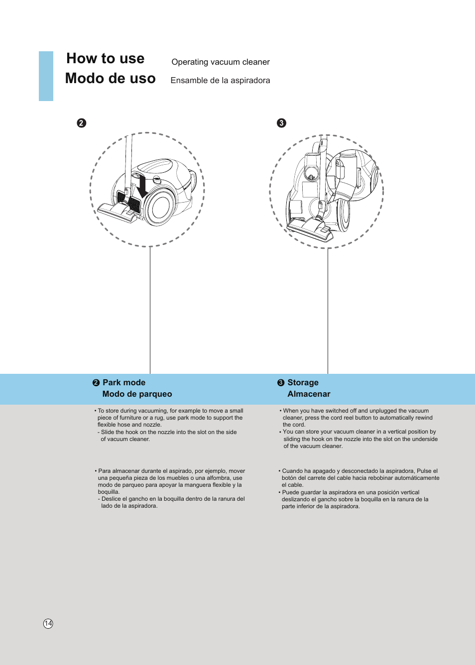 How to use, Modo de uso, Park mode | Storage, Operating vacuum cleaner | LG VC5020NRTQ User Manual | Page 15 / 27