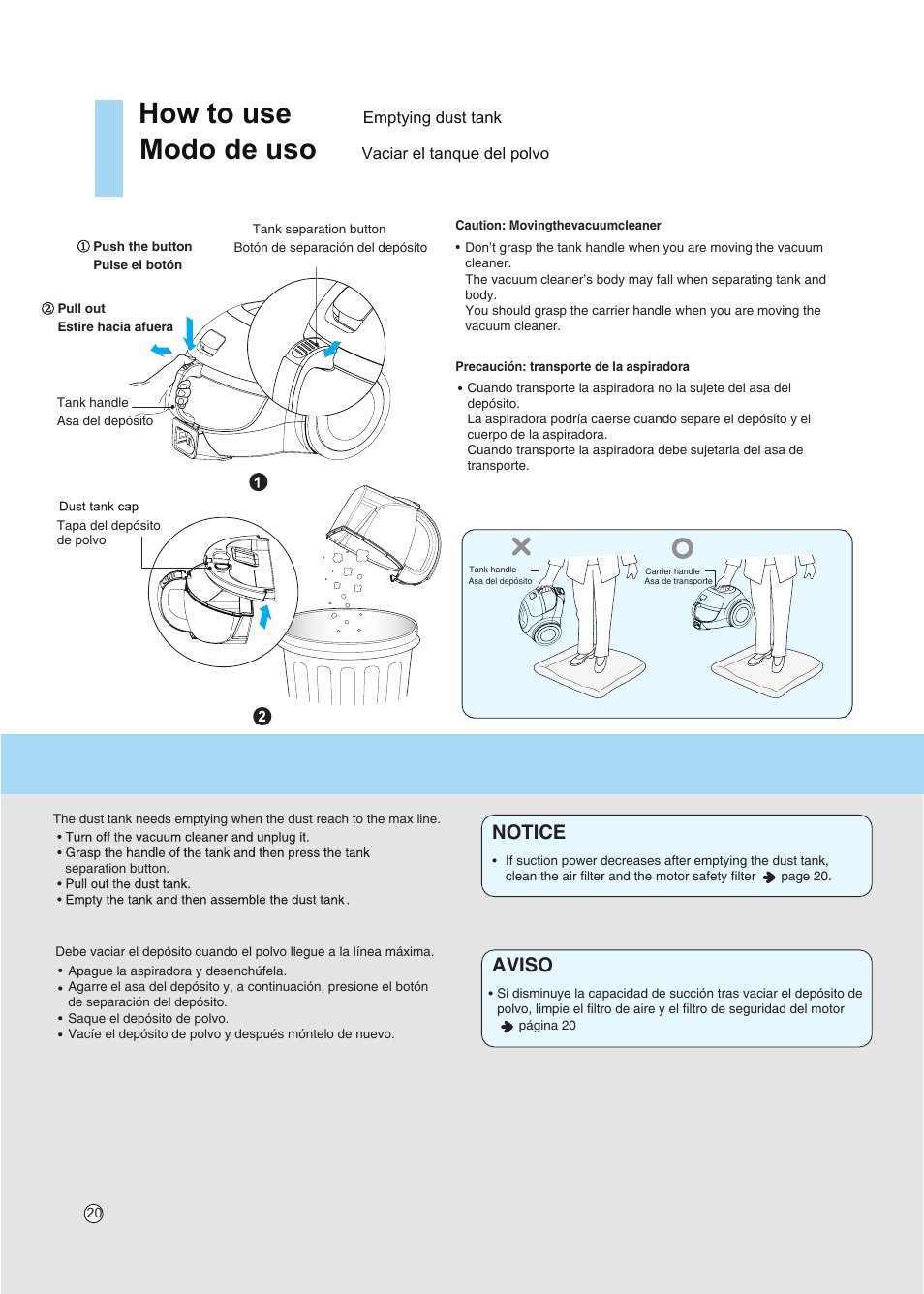 How to use, Modo de uso, Notice aviso | LG VC5020NRTQ User Manual | Page 21 / 27