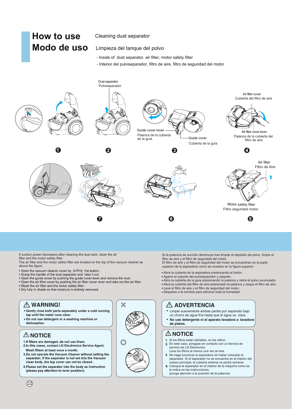 How to use, Modo de uso, Notice warning | Notice, Advertencia, Cleaning dust separator, Limpieza del tanque del polvo | LG VC5020NRTQ User Manual | Page 23 / 27