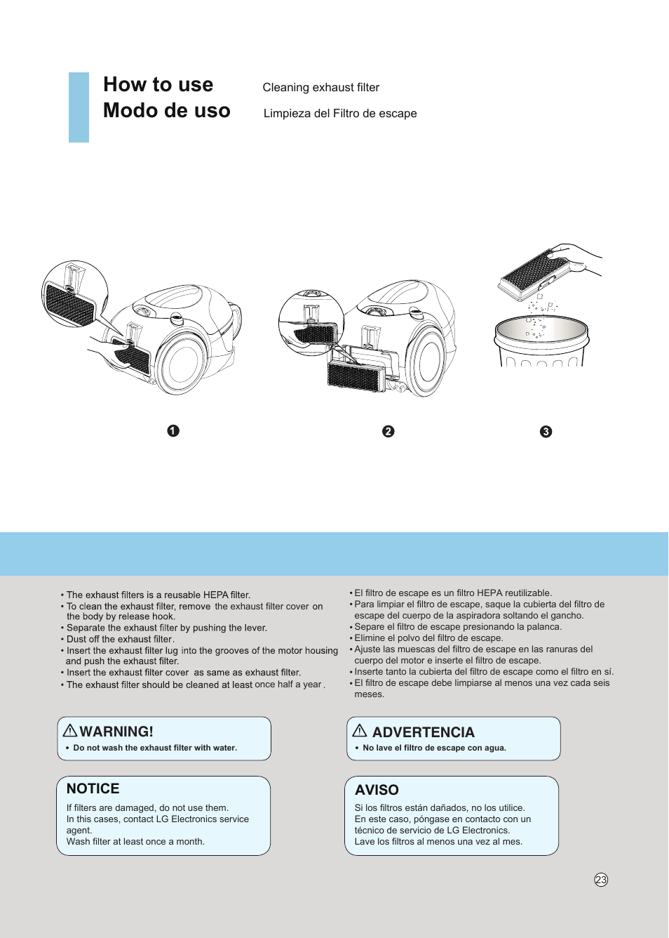 How to use, Modo de uso, Warning | Notice, Aviso advertencia | LG VC5020NRTQ User Manual | Page 24 / 27