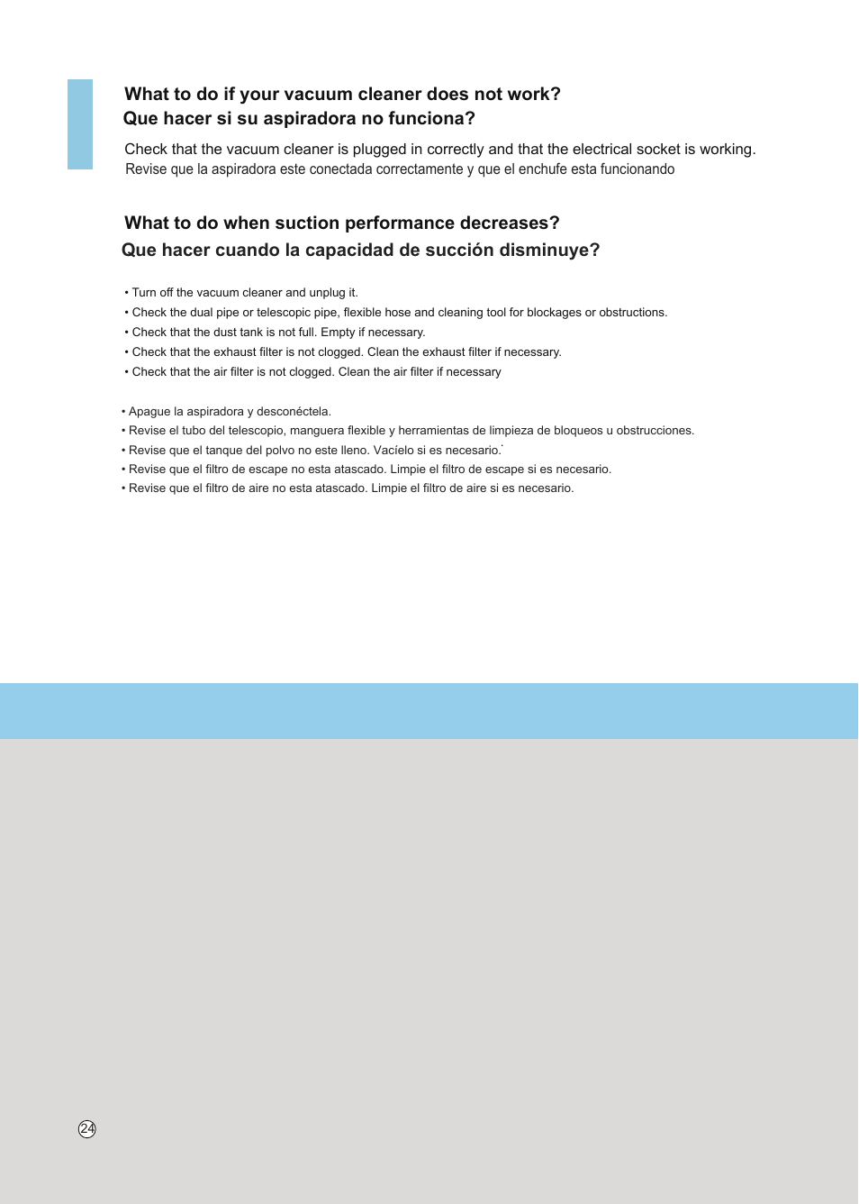 What to do if your vacuum cleaner does not work, What to do when suction performance decreases, Que hacer si su aspiradora no funciona | Que hacer cuando la capacidad de succión disminuye | LG VC5020NRTQ User Manual | Page 25 / 27