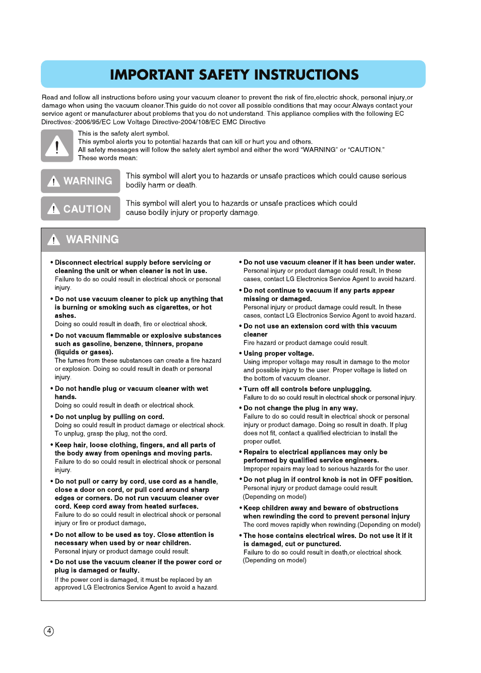 Important safety instructions | LG VC5020NRTQ User Manual | Page 5 / 27