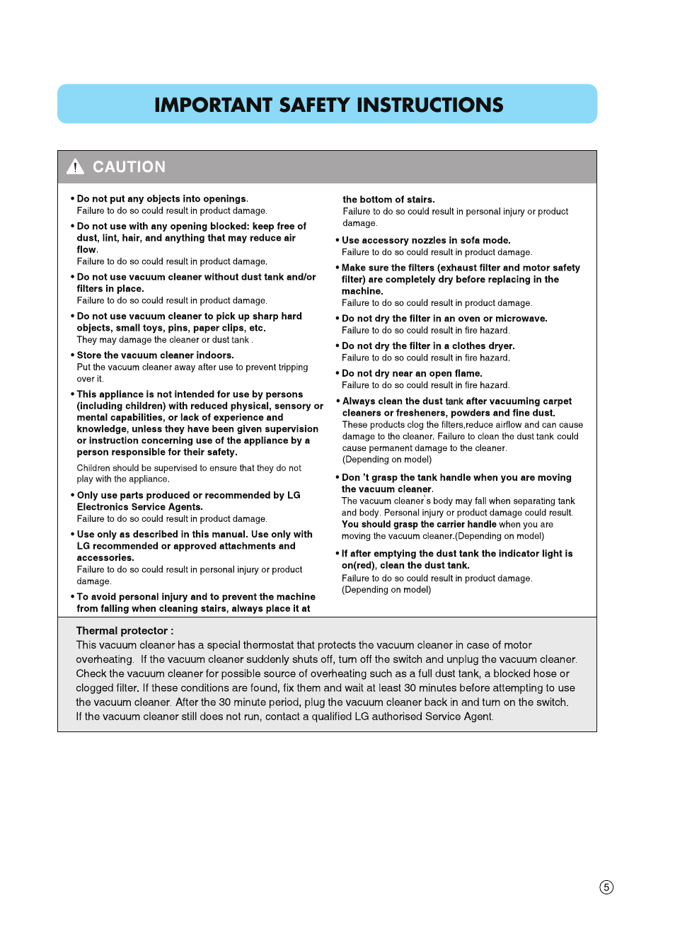 Important safety instructions | LG VC5020NRTQ User Manual | Page 6 / 27