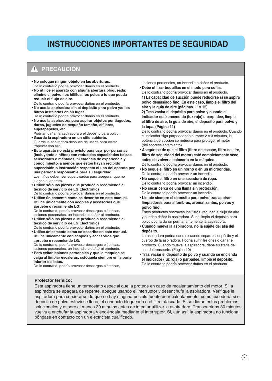 Instrucciones importantes de seguridad, Precaución | LG VC5020NRTQ User Manual | Page 8 / 27