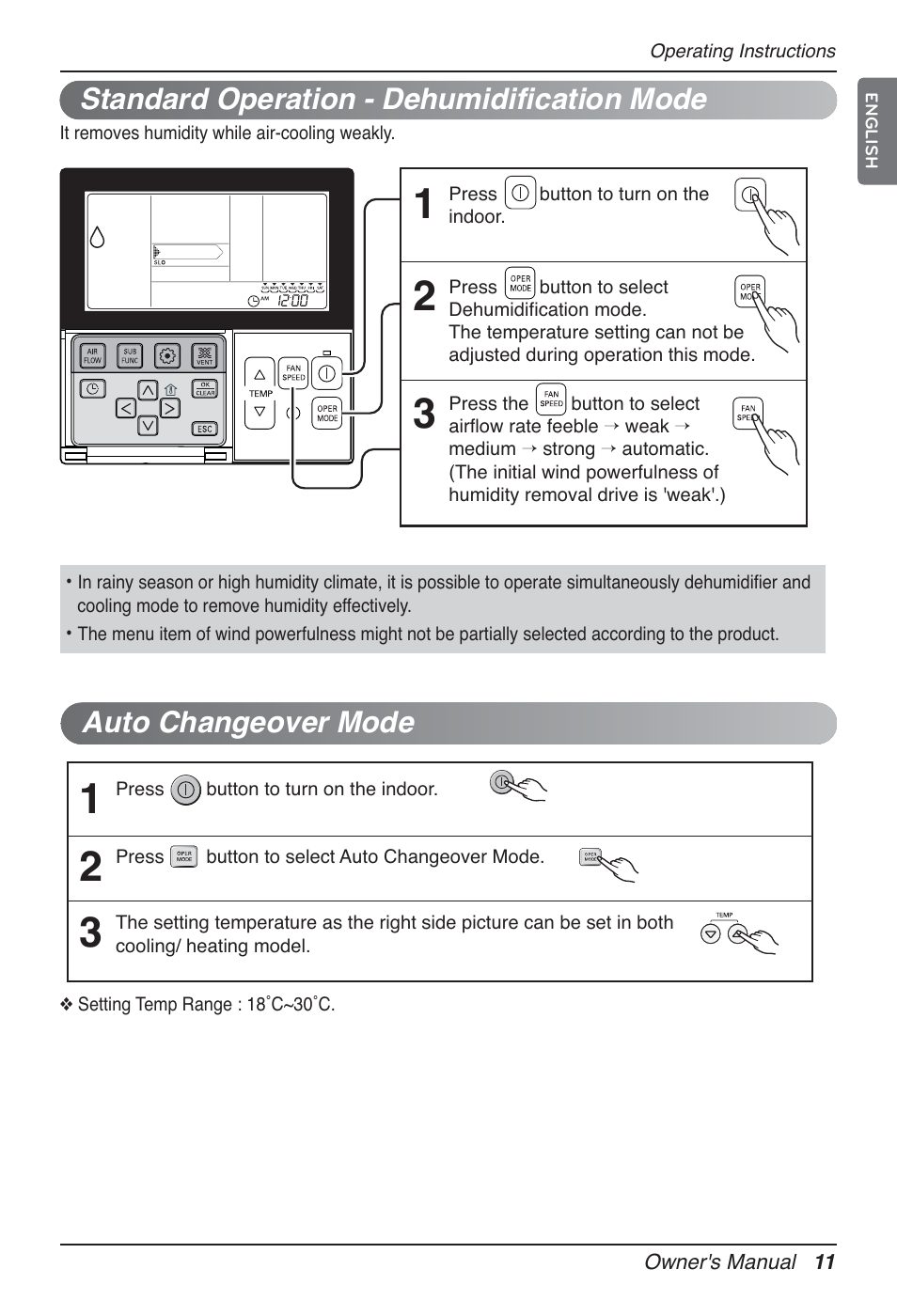 Auto changeover mode, Standard operation - dehumidification mode | LG UT60 User Manual | Page 11 / 723