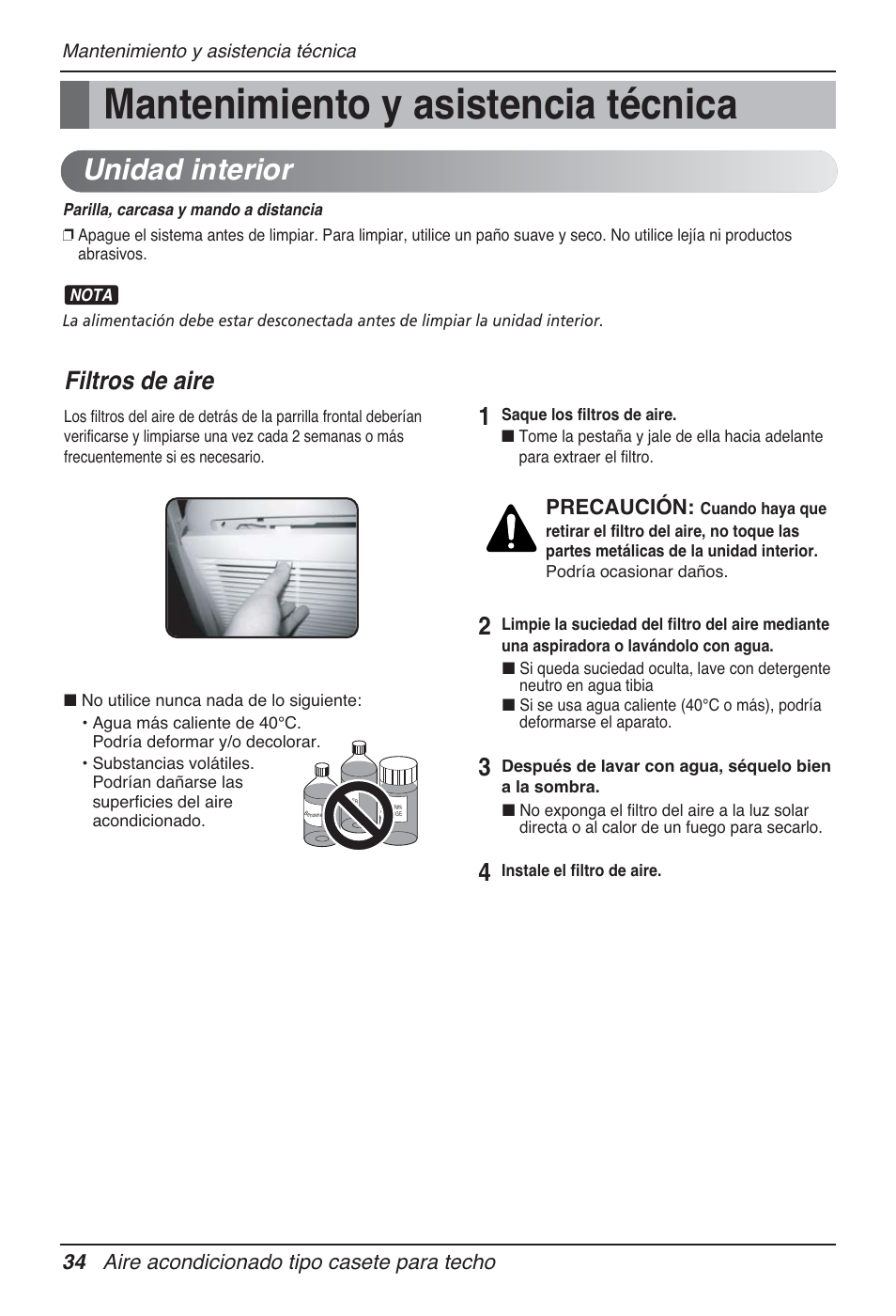 Mantenimiento y asistencia técnica, Unidad interior, Filtros de aire | 34 aire acondicionado tipo casete para techo, Precaución | LG UT60 User Manual | Page 110 / 723