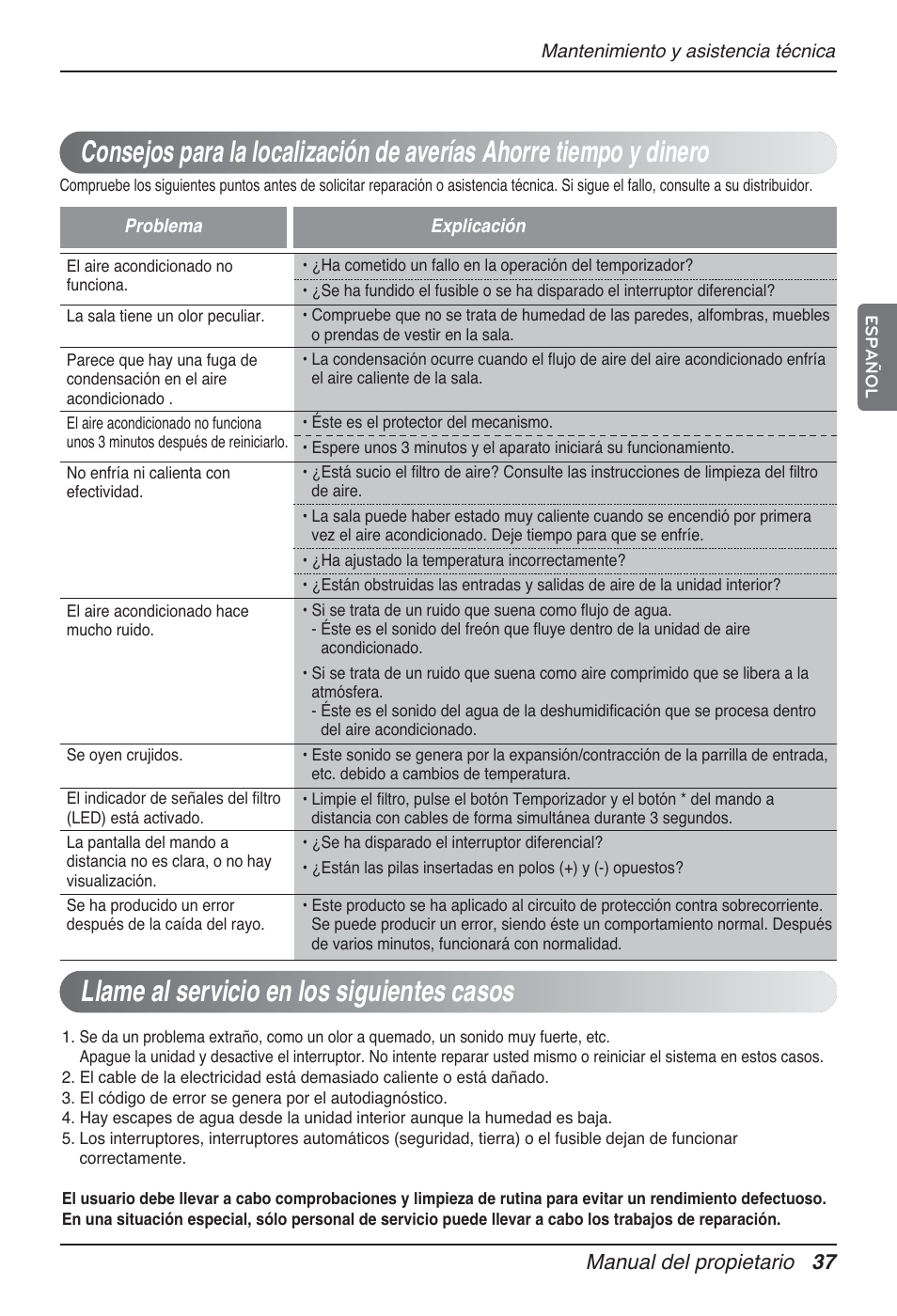 Llame al servicio en los siguientes casos, Manual del propietario 37 | LG UT60 User Manual | Page 113 / 723