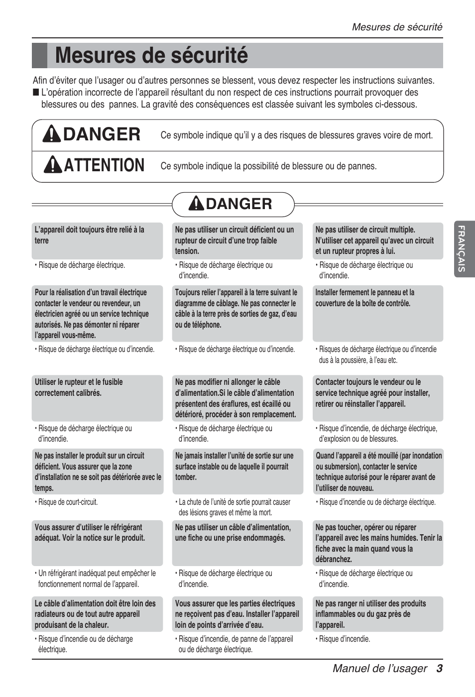 Mesures de sécurité, Danger attention, Danger | LG UT60 User Manual | Page 117 / 723