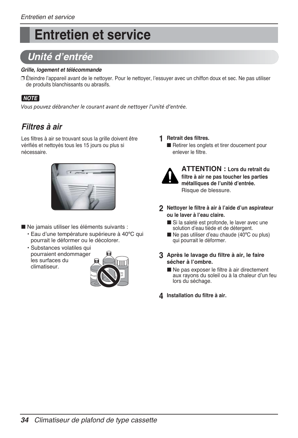 Entretien et service, Unité dʼentrée, Filtres à air | 34 climatiseur de plafond de type cassette, Attention | LG UT60 User Manual | Page 148 / 723