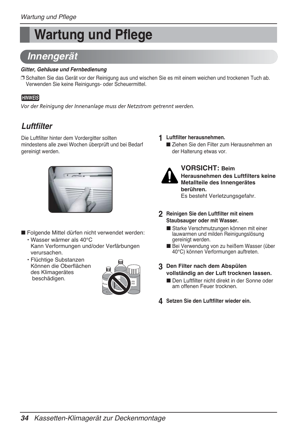 Wartung und pflege, Innengerät, Luftfilter | 34 kassetten-klimagerät zur deckenmontage, Vorsicht | LG UT60 User Manual | Page 186 / 723