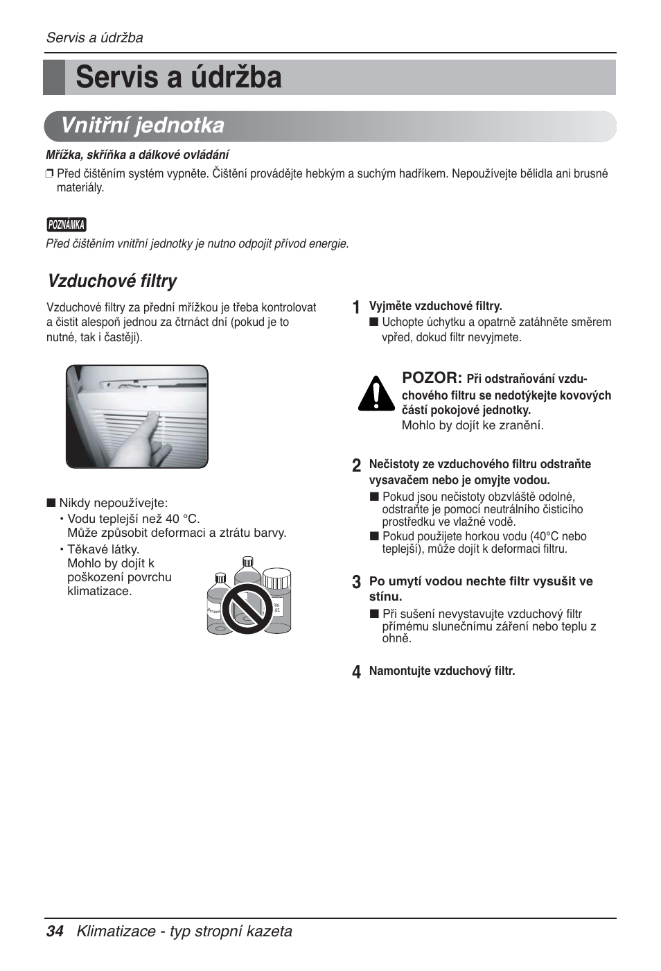 Servis a údržba, Vnitřní jednotka, Vzduchové filtry | 34 klimatizace - typ stropní kazeta, Pozor | LG UT60 User Manual | Page 262 / 723