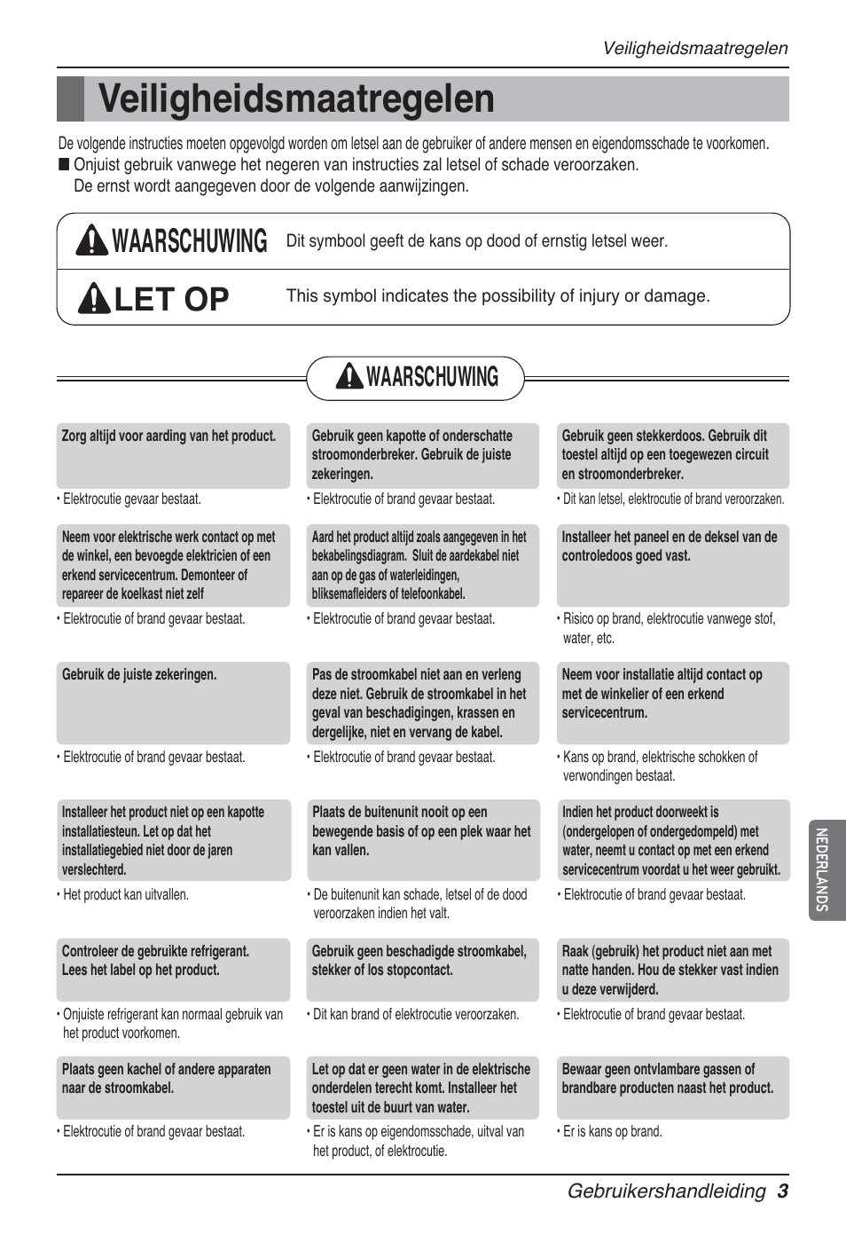 Veiligheidsmaatregelen, Waarschuwing let op, Waarschuwing | LG UT60 User Manual | Page 269 / 723