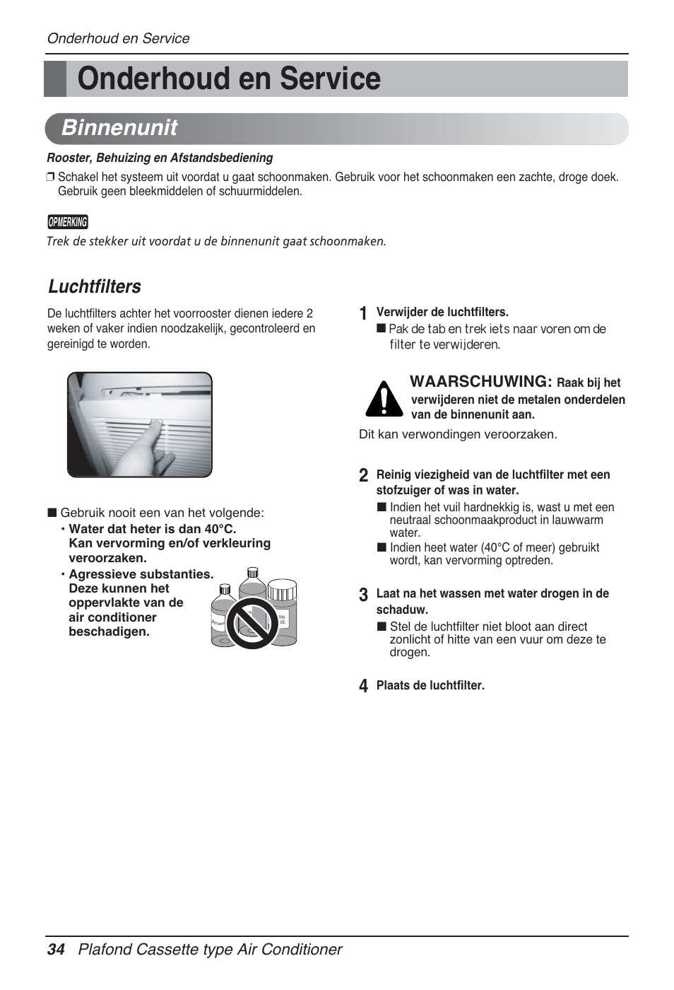 Onderhoud en service, Binnenunit, Luchtfilters | 34 plafond cassette type air conditioner, Waarschuwing | LG UT60 User Manual | Page 300 / 723