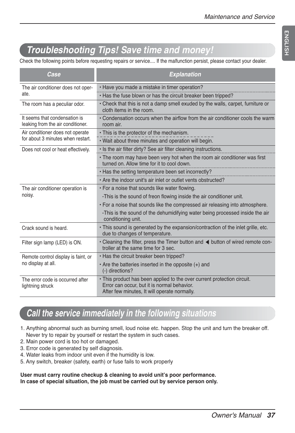 Troubleshooting tips! save time and money, Owner's manual 37 | LG UT60 User Manual | Page 37 / 723