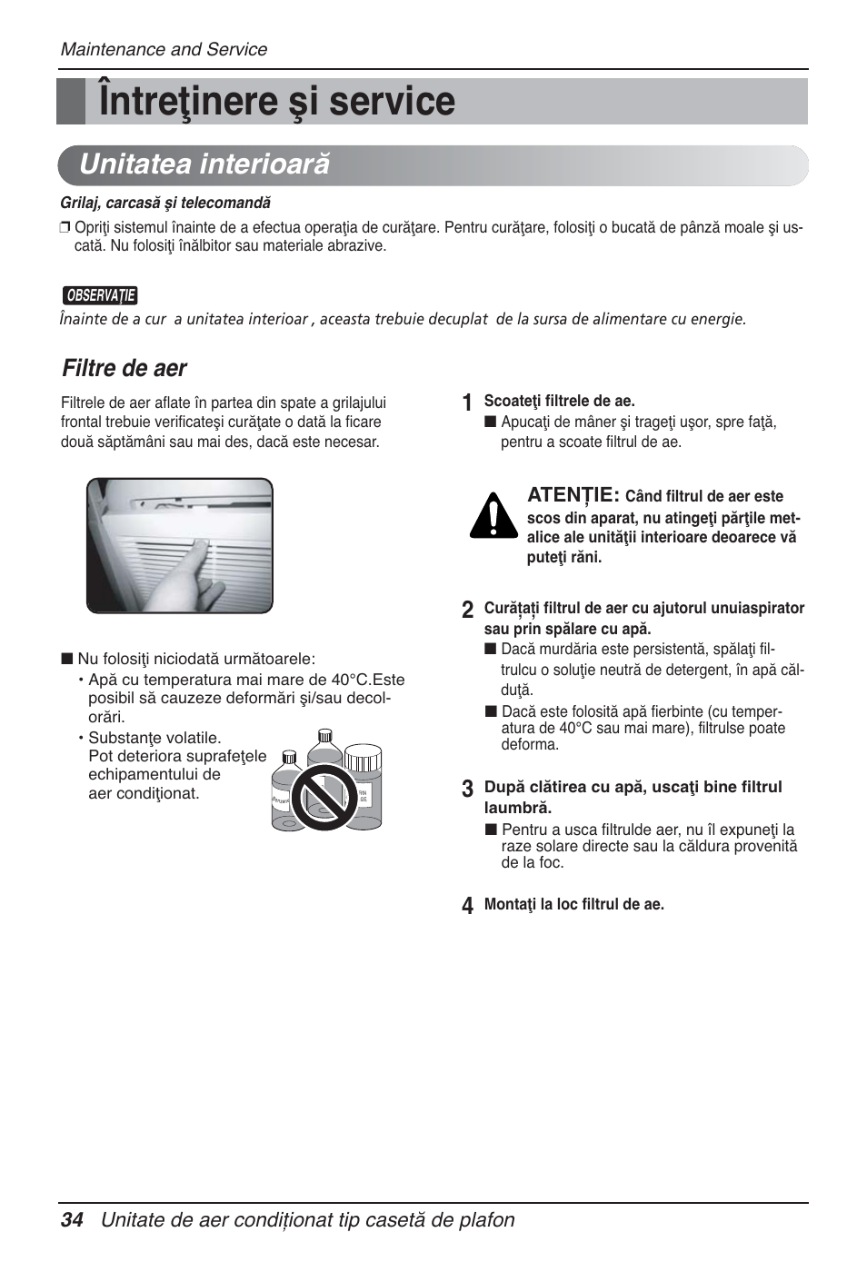 Întreţinere şi service, Unitatea interioară, Filtre de aer | 34 unitate de aer condiţionat tip casetă de plafon, Atenţie | LG UT60 User Manual | Page 376 / 723