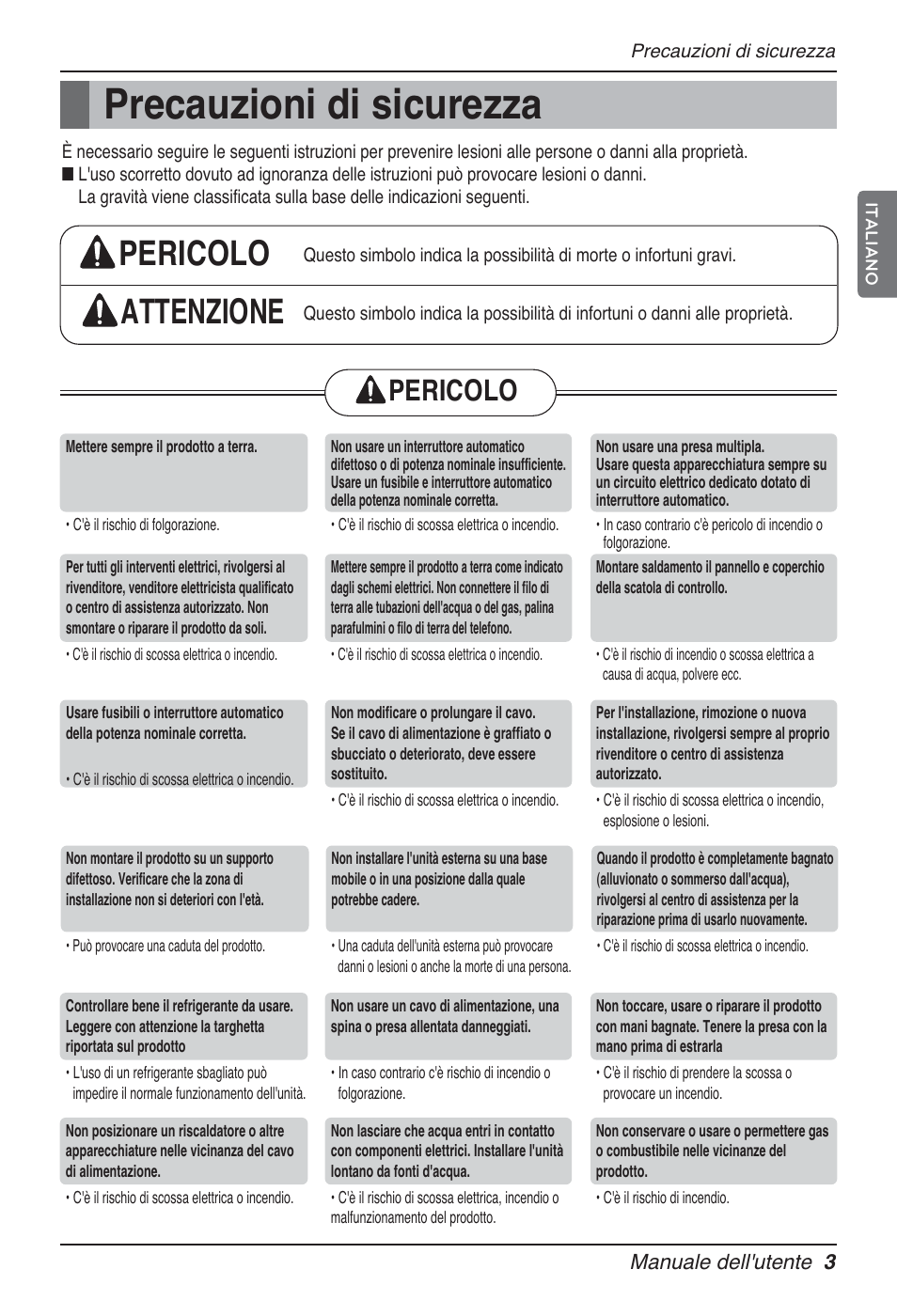 Precauzioni di sicurezza, Pericolo attenzione, Pericolo | LG UT60 User Manual | Page 41 / 723