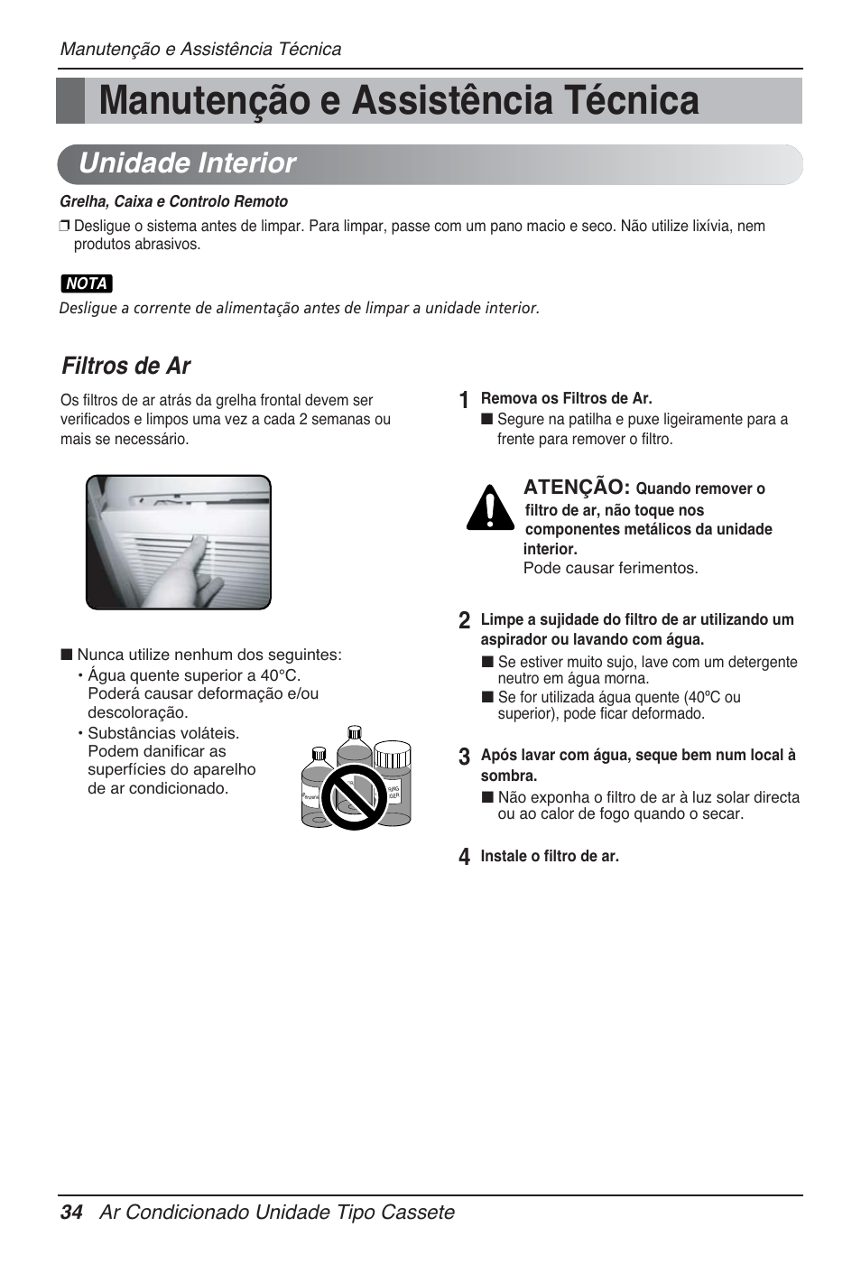 Manutenção e assistência técnica, Unidade interior, Filtros de ar | 34 ar condicionado unidade tipo cassete, Atenção | LG UT60 User Manual | Page 414 / 723