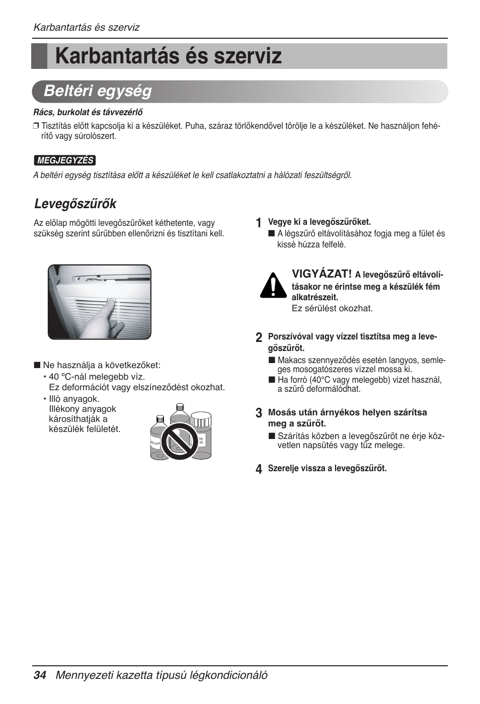 Beltéri egység, Levegőszűrők, 34 mennyezeti kazetta típusú légkondicionáló | Vigyázat, Karbantartás és szerviz | LG UT60 User Manual | Page 452 / 723