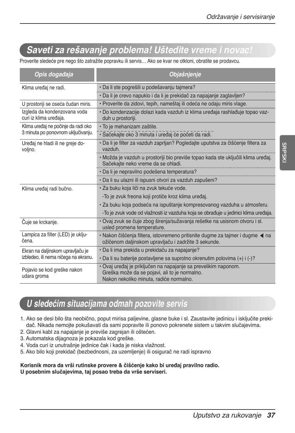 U sledećim situacijama odmah pozovite servis, Uputstvo za rukovanje 37 | LG UT60 User Manual | Page 531 / 723