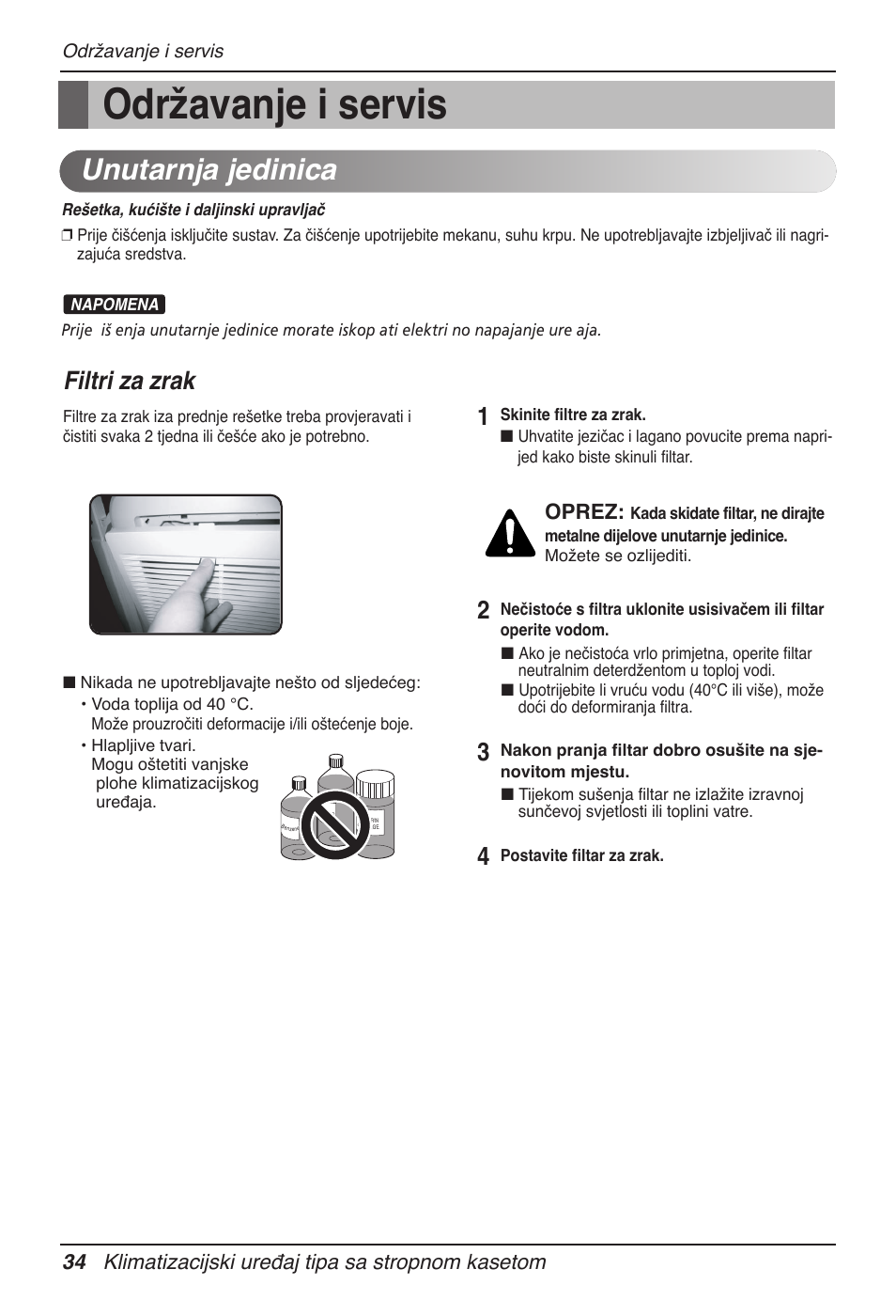 Unutarnja jedinica, Filtri za zrak, 34 klimatizacijski uređaj tipa sa stropnom kasetom | Oprez, Održavanje i servis | LG UT60 User Manual | Page 566 / 723