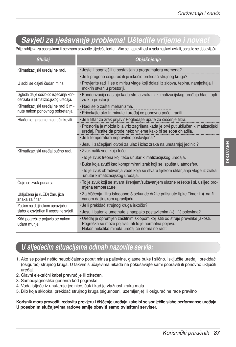 U sljedećim situacijama odmah nazovite servis, Korisnički priručnik 37 | LG UT60 User Manual | Page 569 / 723