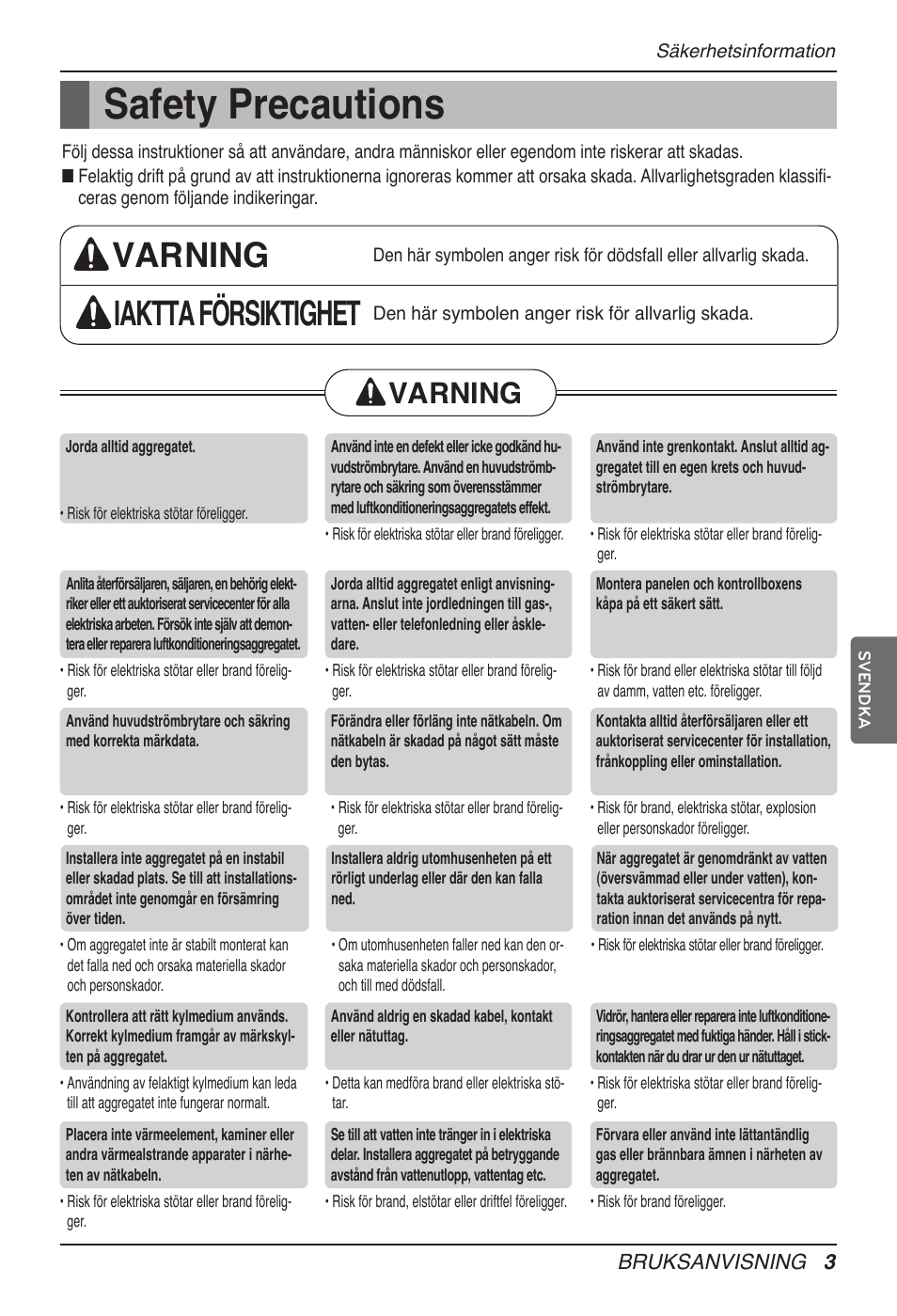 Safety precautions, Varning iaktta försiktighet, Varning | LG UT60 User Manual | Page 573 / 723