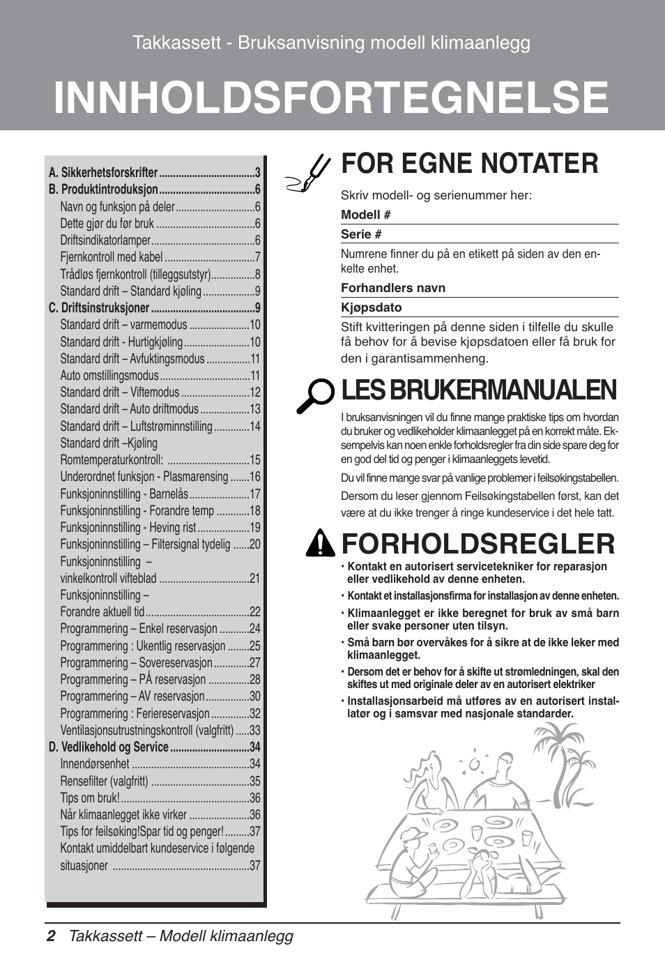 Innholdsfortegnelse, For egne notater, Les brukermanualen | Forholdsregler, Takkassett - bruksanvisning modell klimaanlegg | LG UT60 User Manual | Page 610 / 723