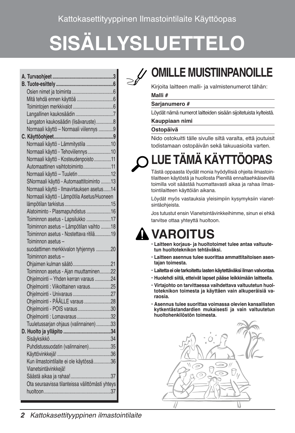 Sisällysluettelo, Omille muistiinpanoille, Lue tämä käyttöopas | Varoitus, Kattokasettityyppinen ilmastointilaite käyttöopas | LG UT60 User Manual | Page 648 / 723