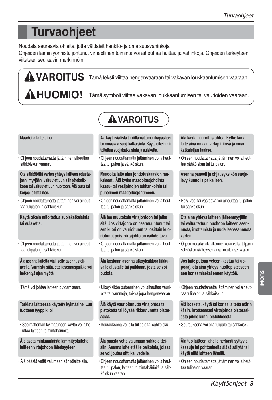 Turvaohjeet, Varoitus huomio, Varoitus | LG UT60 User Manual | Page 649 / 723