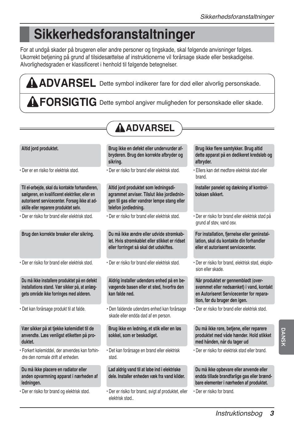 Sikkerhedsforanstaltninger, Advarsel forsigtig, Advarsel | LG UT60 User Manual | Page 687 / 723