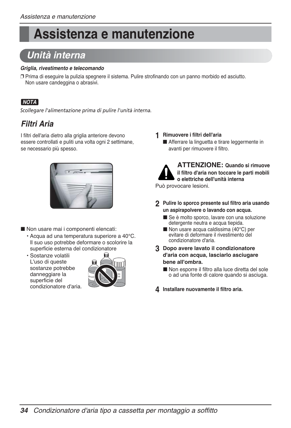 Assistenza e manutenzione, Unità interna, Filtri aria | Attenzione | LG UT60 User Manual | Page 72 / 723