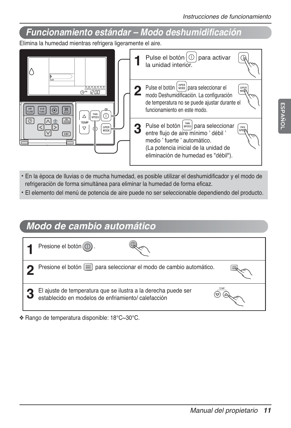 Modo de cambio automático, Funcionamiento estándar – modo deshumidificación | LG UT60 User Manual | Page 87 / 723