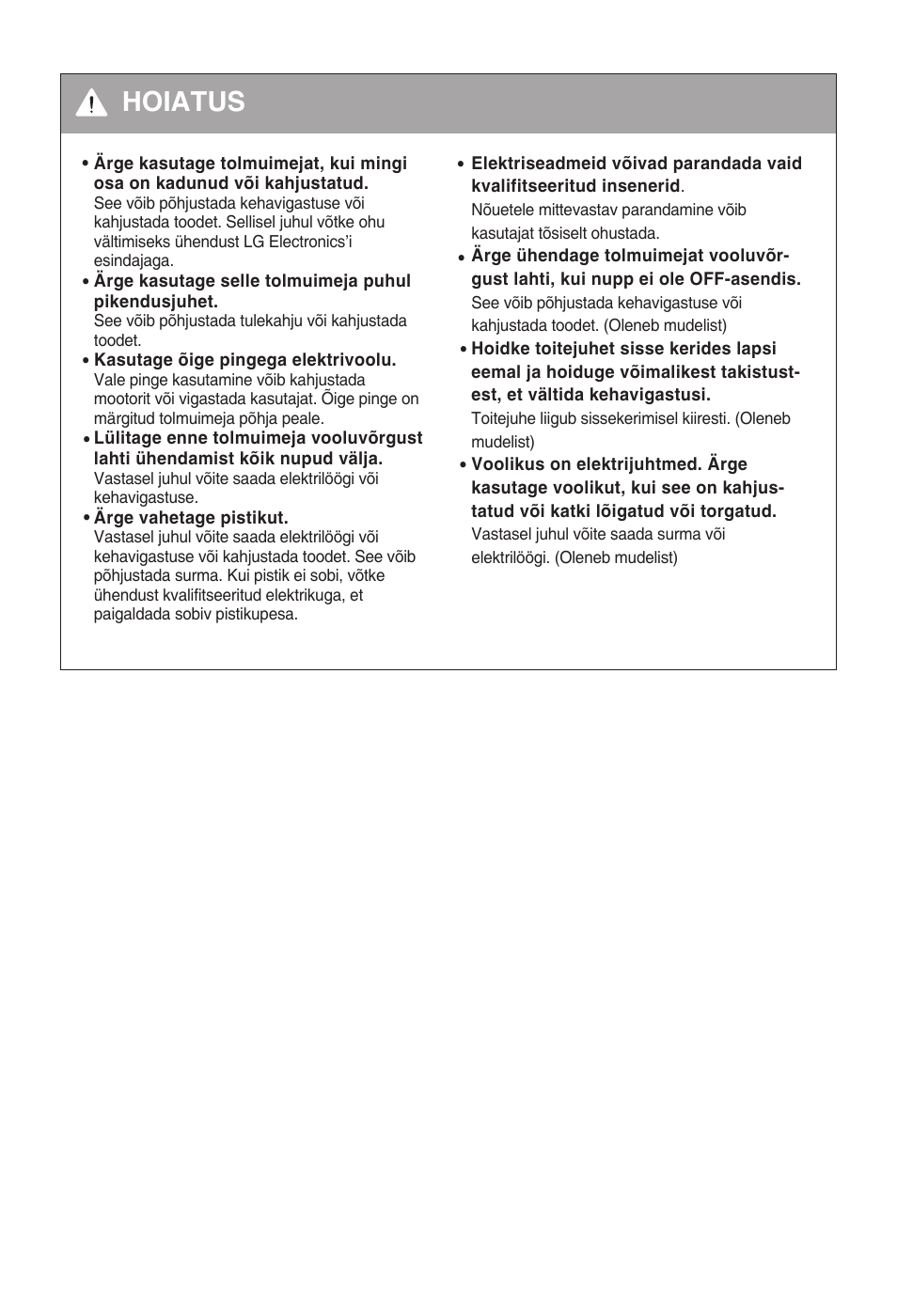 Hoiatus | LG VC3815N User Manual | Page 10 / 41