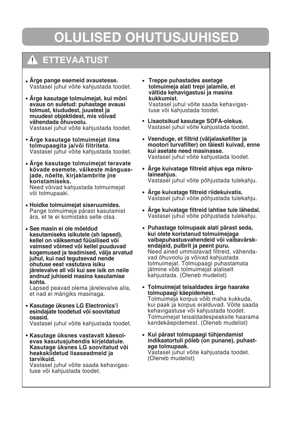 Olulised ohutusjuhised, Ettevaatust | LG VC3815N User Manual | Page 11 / 41