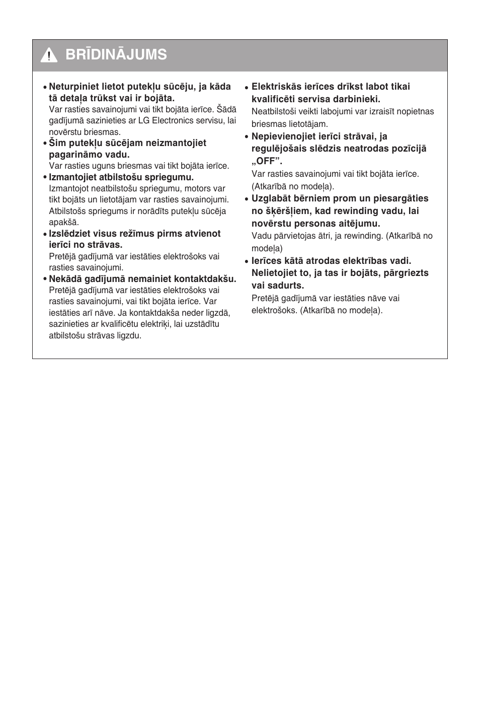 Brīdinājums | LG VC3815N User Manual | Page 14 / 41