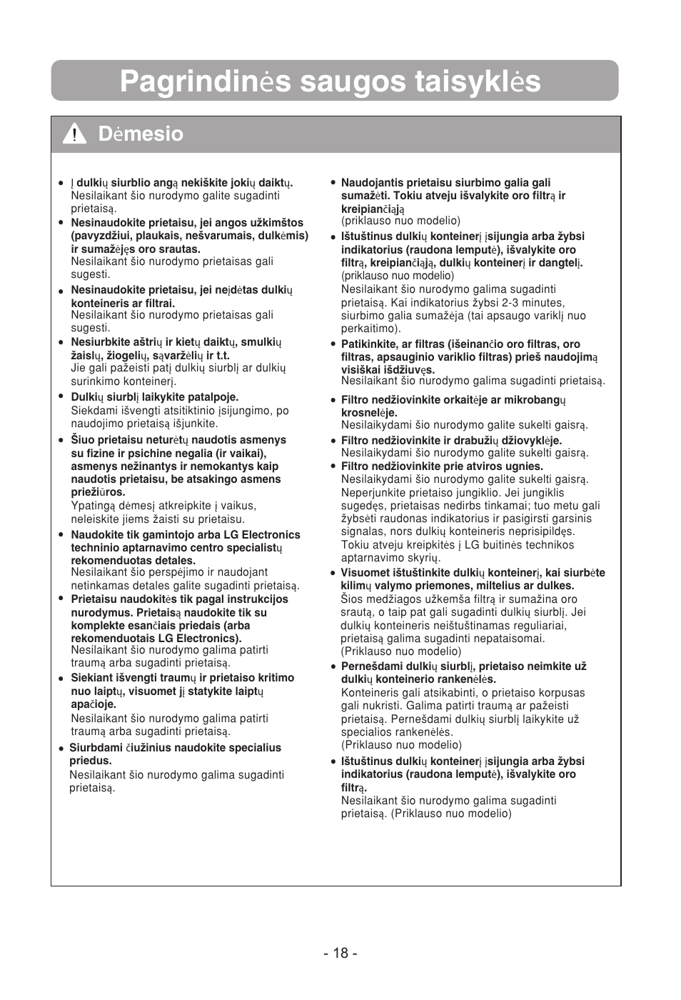 Pagrindin ė s saugos taisykl ė s, D ė mesio | LG VC3815N User Manual | Page 19 / 41