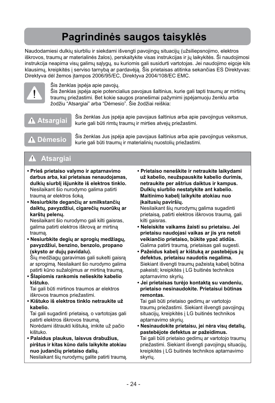 Pagrindinės saugos taisyklės | LG VC3815N User Manual | Page 25 / 41