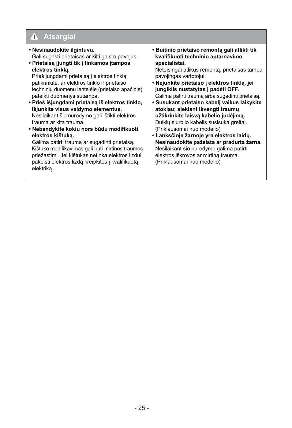 Atsargiai | LG VC3815N User Manual | Page 26 / 41
