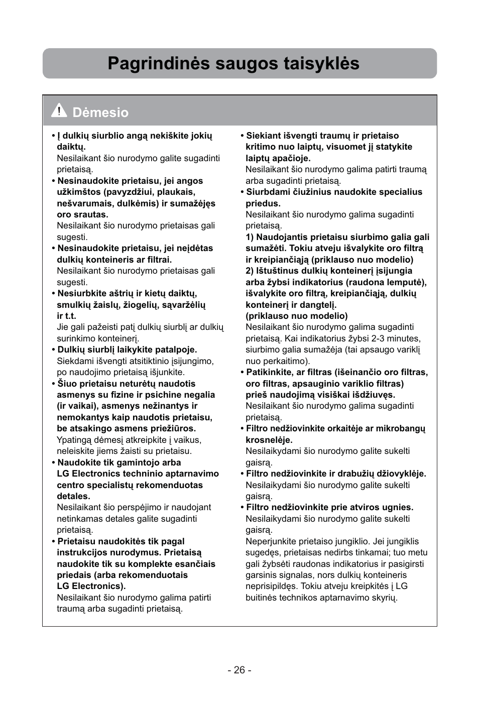 Pagrindinės saugos taisyklės | LG VC3815N User Manual | Page 27 / 41