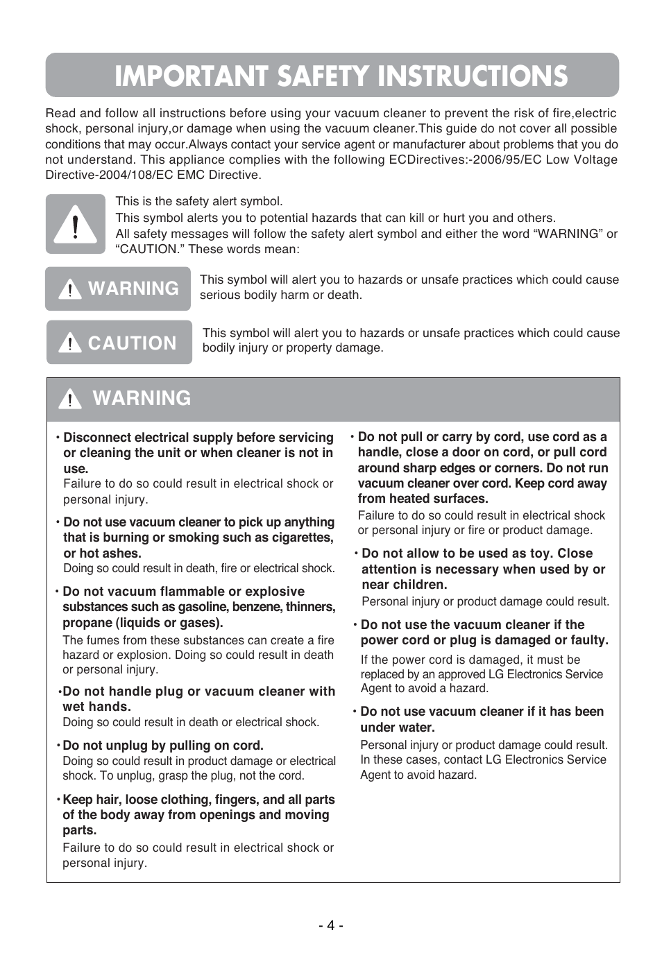 Important safety instructions, Warning, Warning caution | LG VC3815N User Manual | Page 5 / 41
