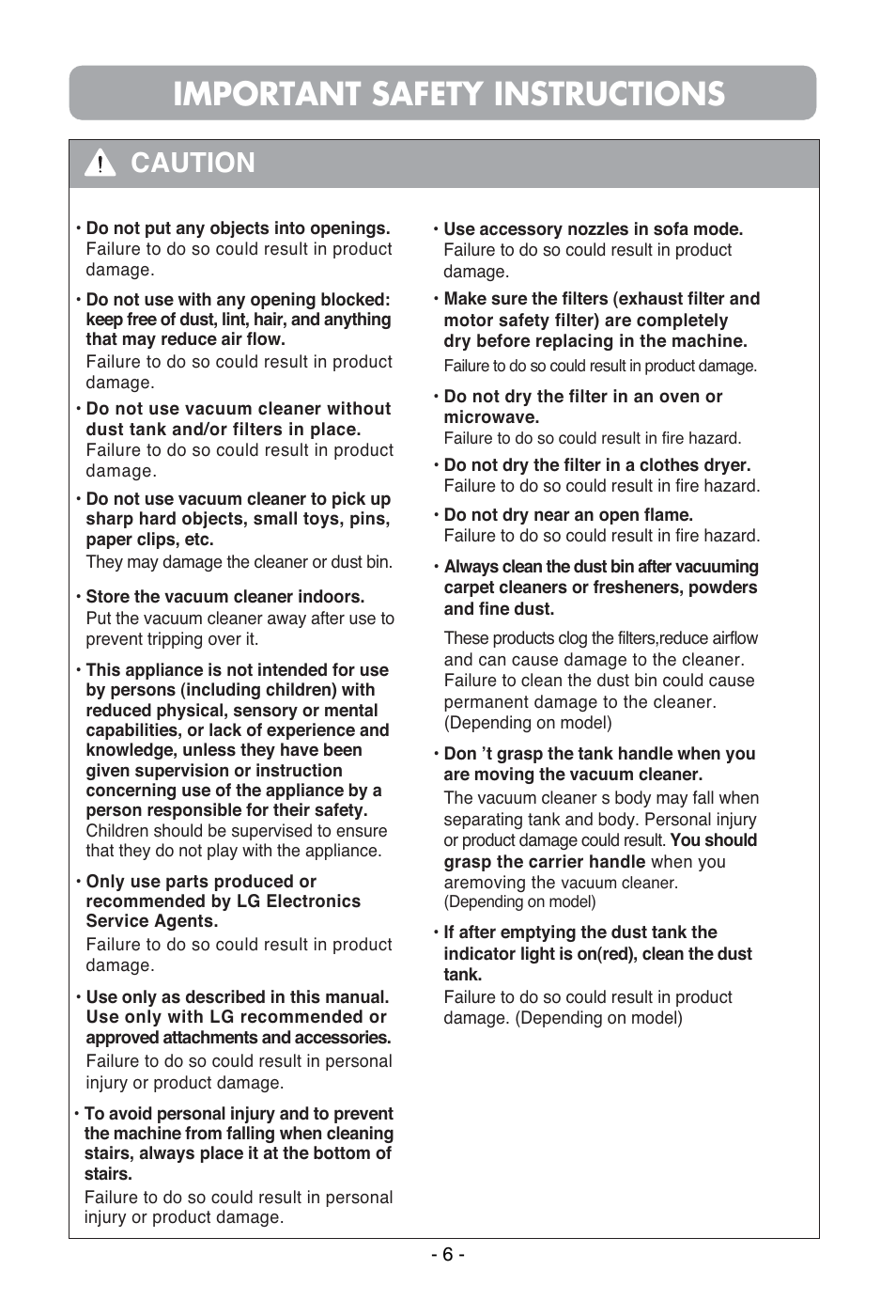 Important safety instructions, Caution | LG VC3815N User Manual | Page 7 / 41