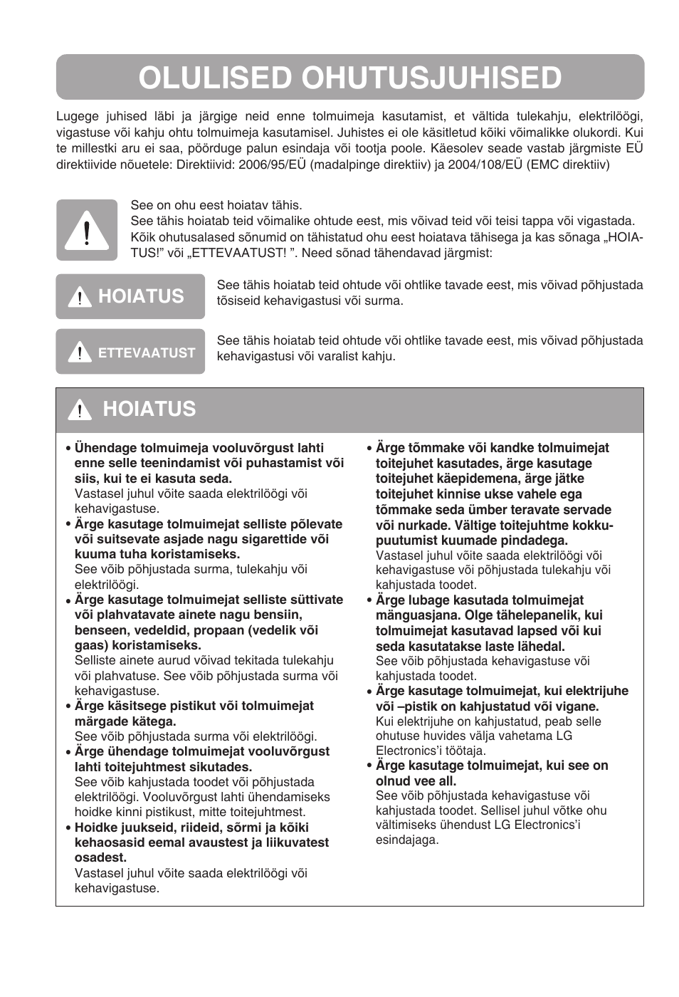 Olulised ohutusjuhised, Hoiatus | LG VC3815N User Manual | Page 9 / 41