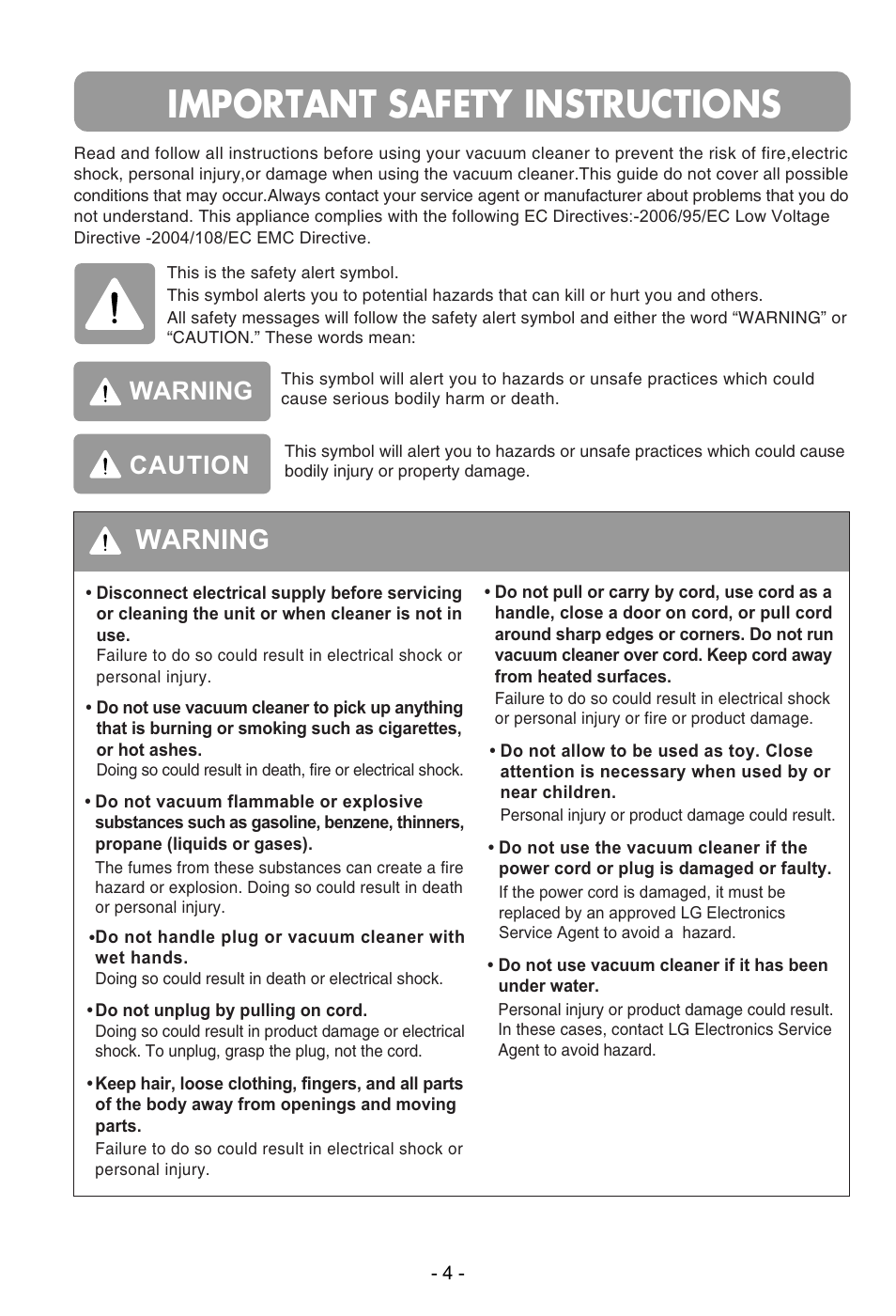 Important safety instructions, Warning, Caution | LG VC48122HU User Manual | Page 5 / 29