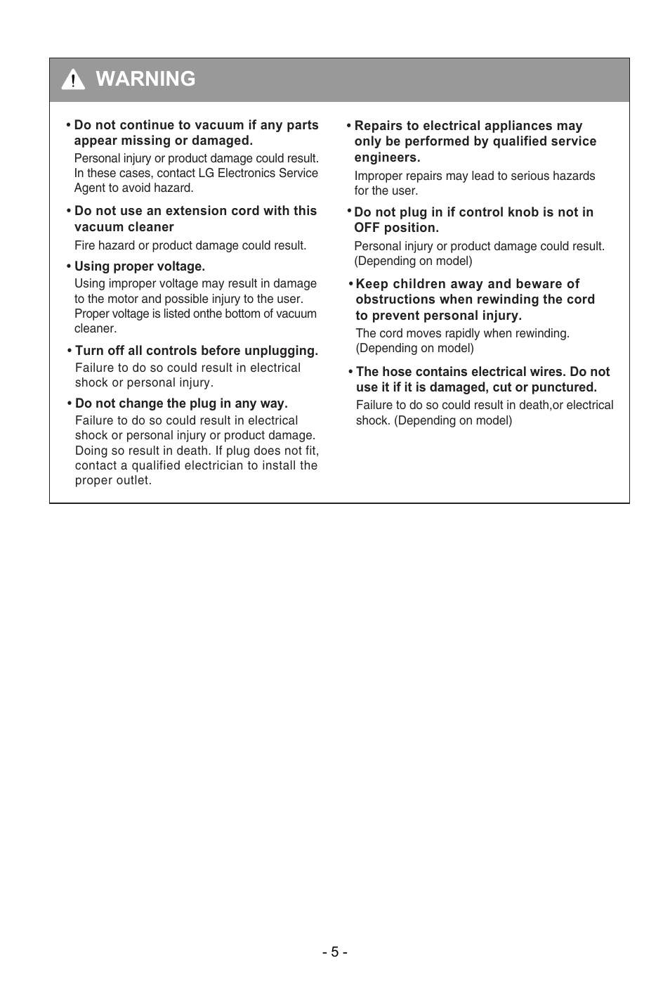 Warning | LG VC48122HU User Manual | Page 6 / 29